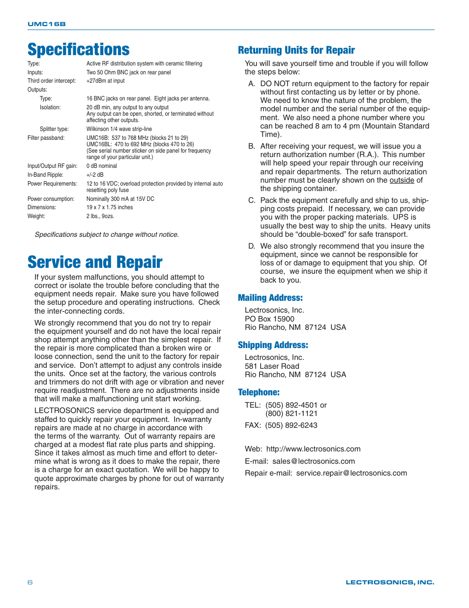 Specifications, Service and repair, Returning units for repair | Mailing address, Shipping address, Telephone | Lectrosonics UMC16b User Manual | Page 6 / 8