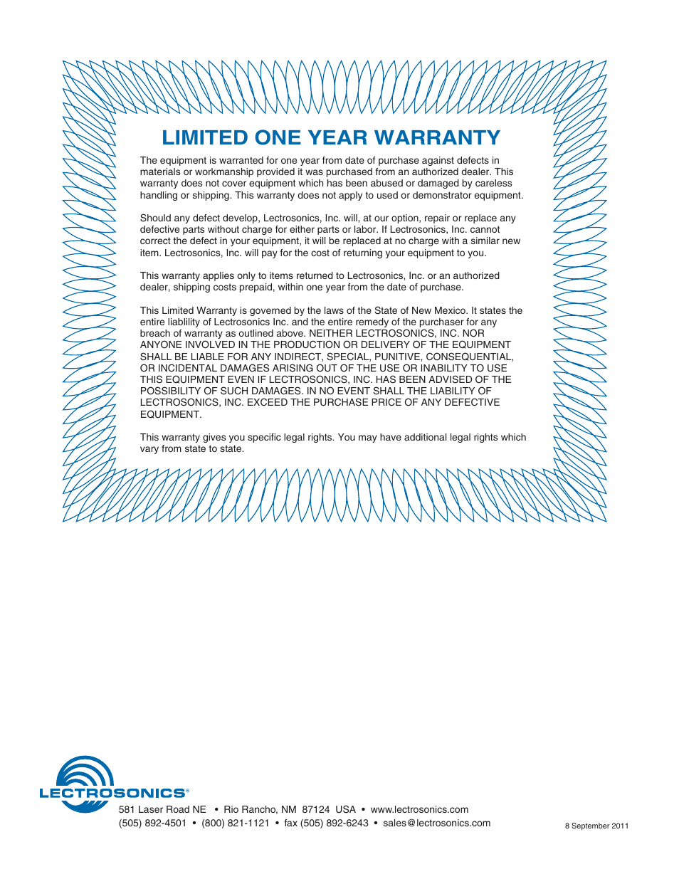 Limited one year warranty | Lectrosonics UMC16b User Manual | Page 8 / 8