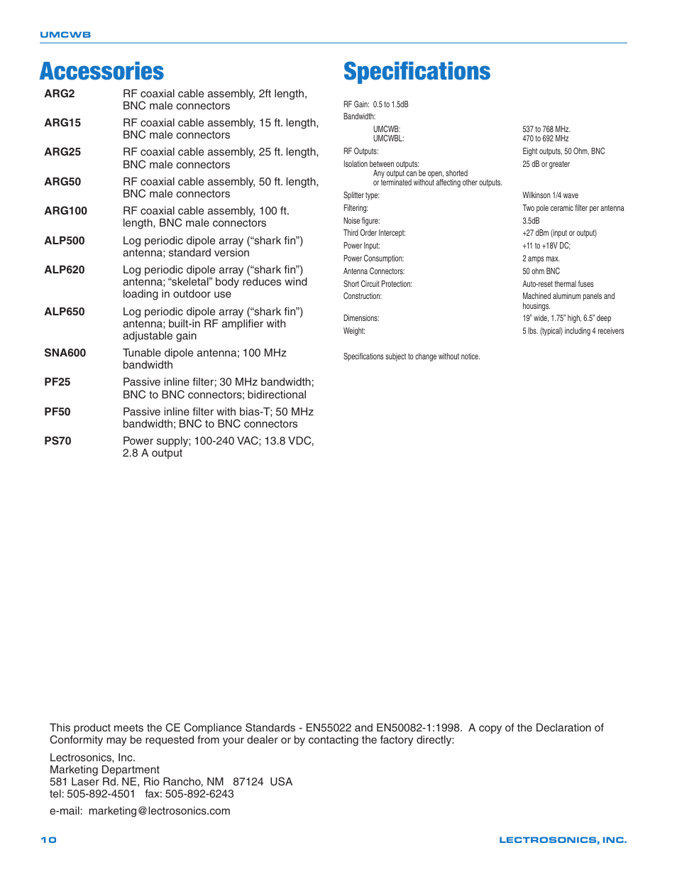 Accessories, Specifications | Lectrosonics UMCWB User Manual | Page 10 / 12