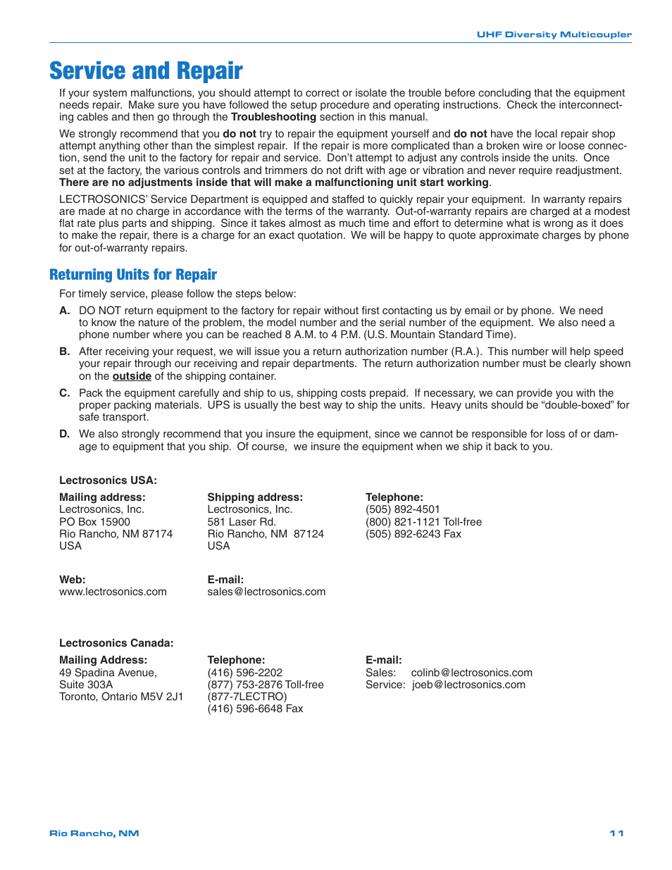 Service and repair, Returning units for repair | Lectrosonics UMCWB User Manual | Page 11 / 12