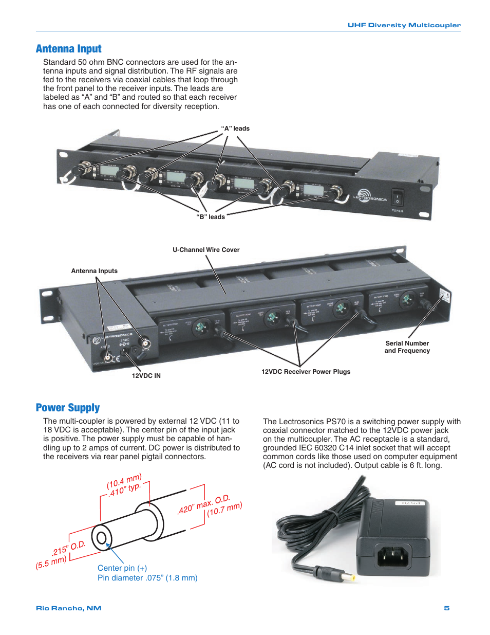 Antenna input, Power supply | Lectrosonics UMCWB User Manual | Page 5 / 12