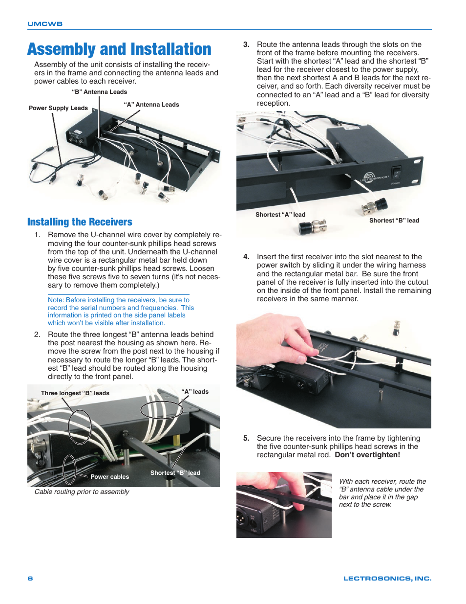 Assembly and installation, Installing the receivers | Lectrosonics UMCWB User Manual | Page 6 / 12