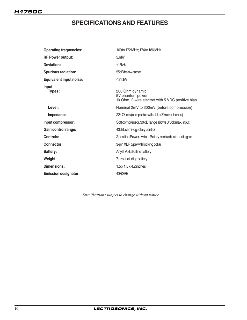 Specifications and features | Lectrosonics H175DC User Manual | Page 10 / 12