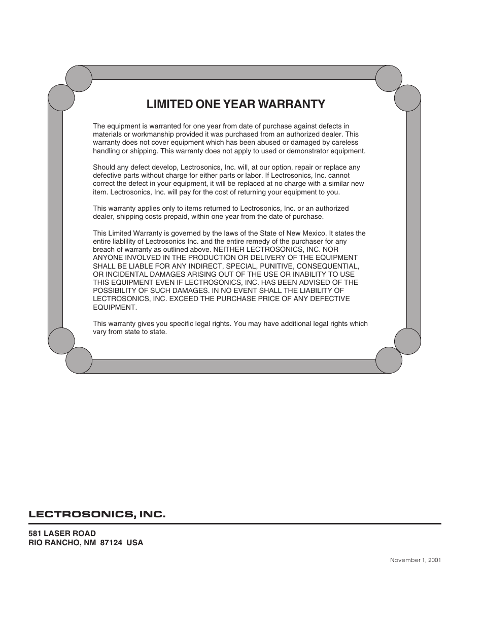 Limited one year warranty | Lectrosonics H175DC User Manual | Page 12 / 12