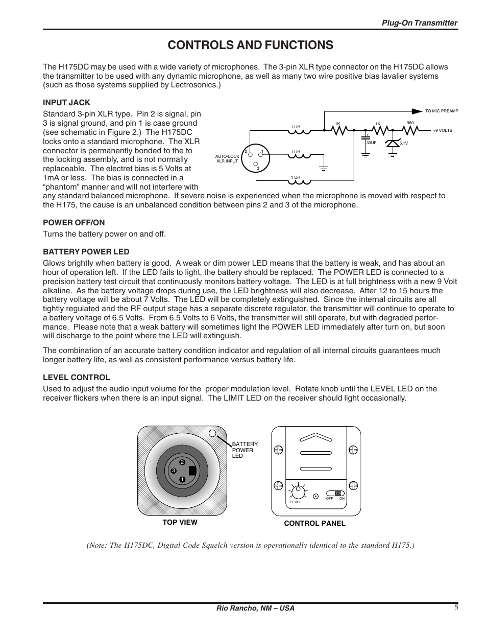 Controls and functions, Plug-on transmitter | Lectrosonics H175DC User Manual | Page 5 / 12