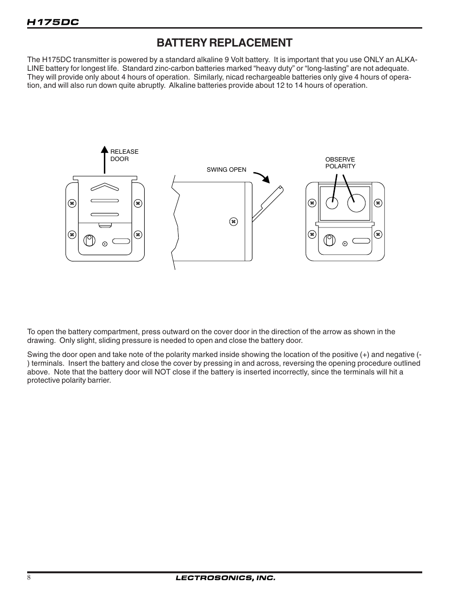 Battery replacement | Lectrosonics H175DC User Manual | Page 8 / 12