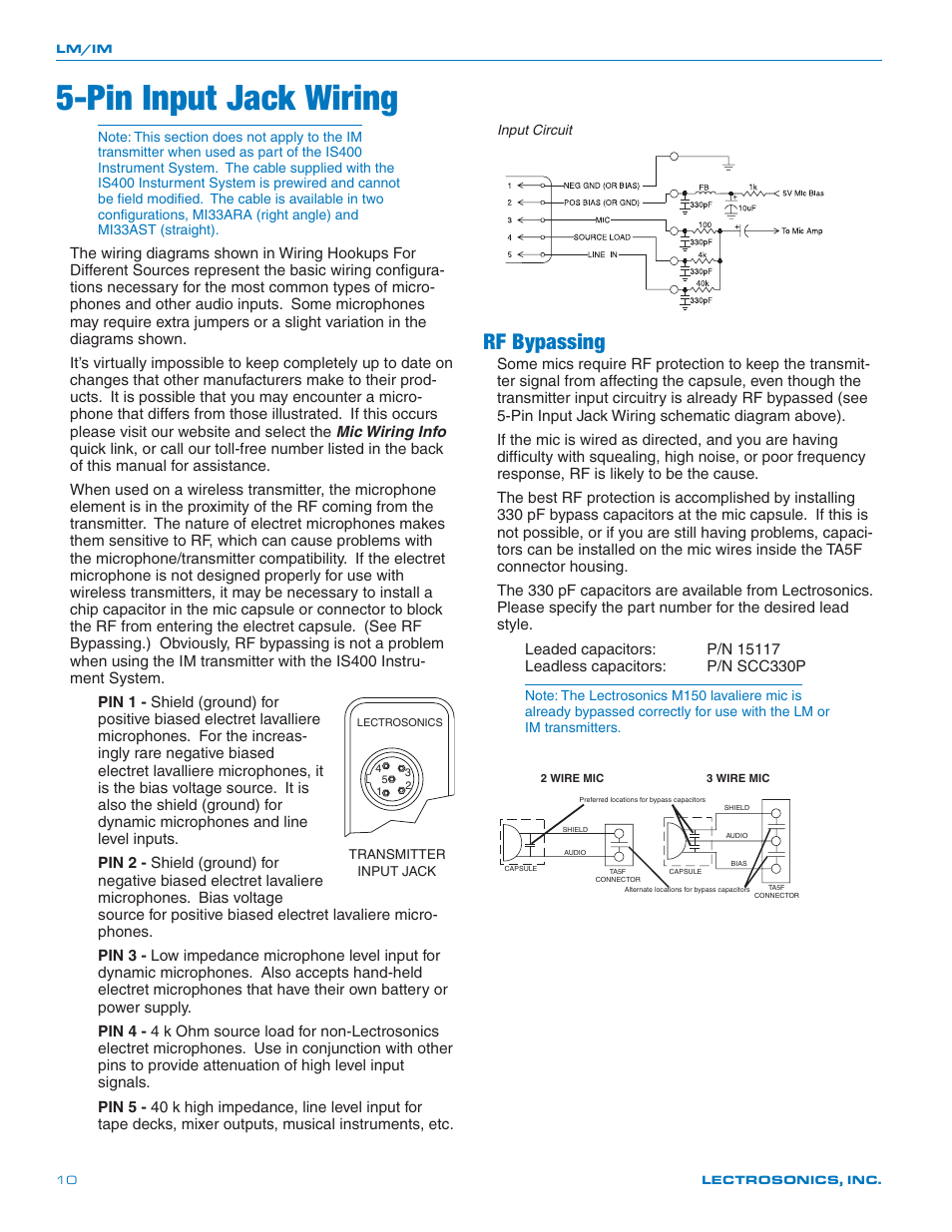 Pin input jack wiring, Rf bypassing | Lectrosonics LM User Manual | Page 10 / 16
