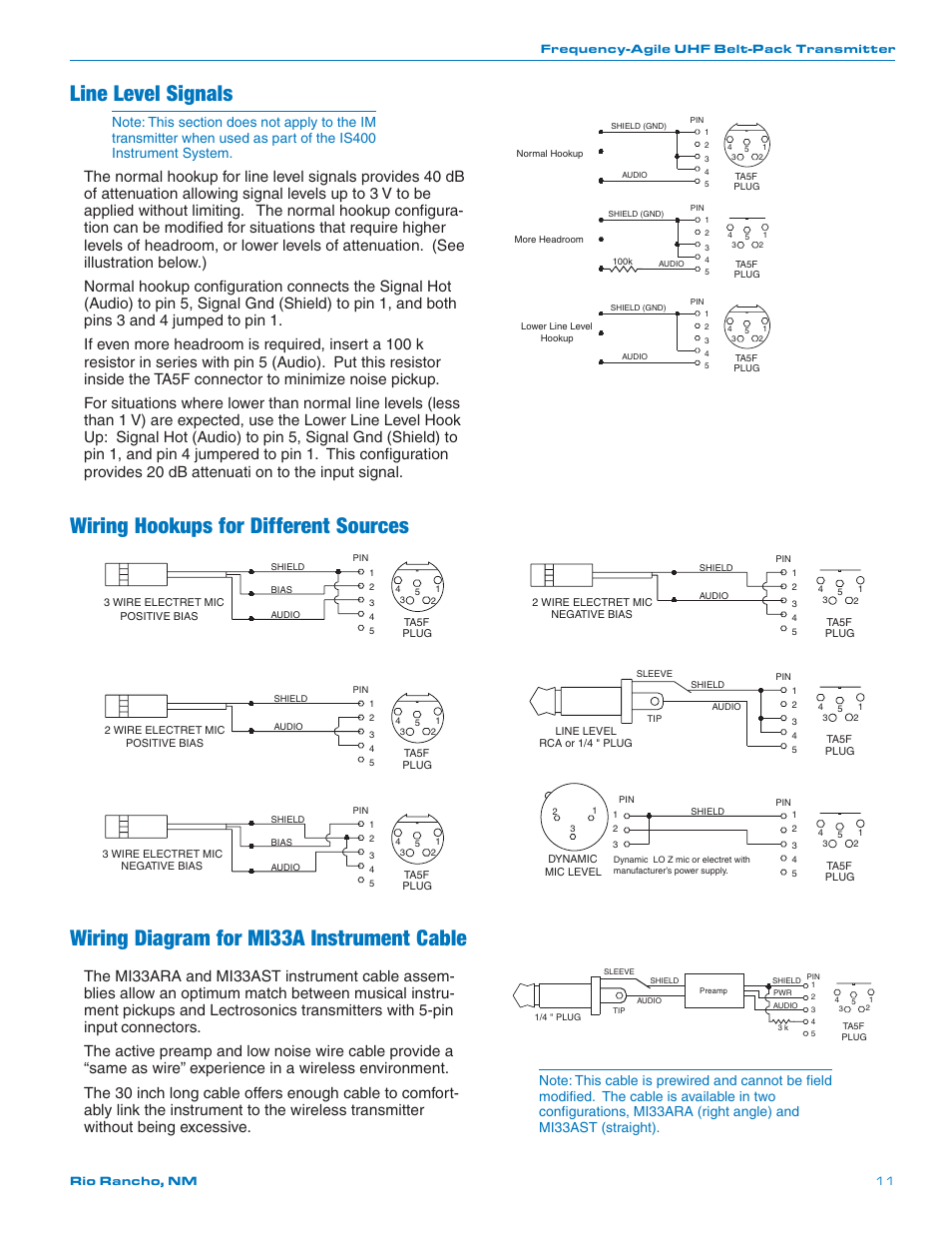 Line level signals, Wiring hookups for different sources, Wiring diagram for mi33a instrument cable | Lectrosonics LM User Manual | Page 11 / 16