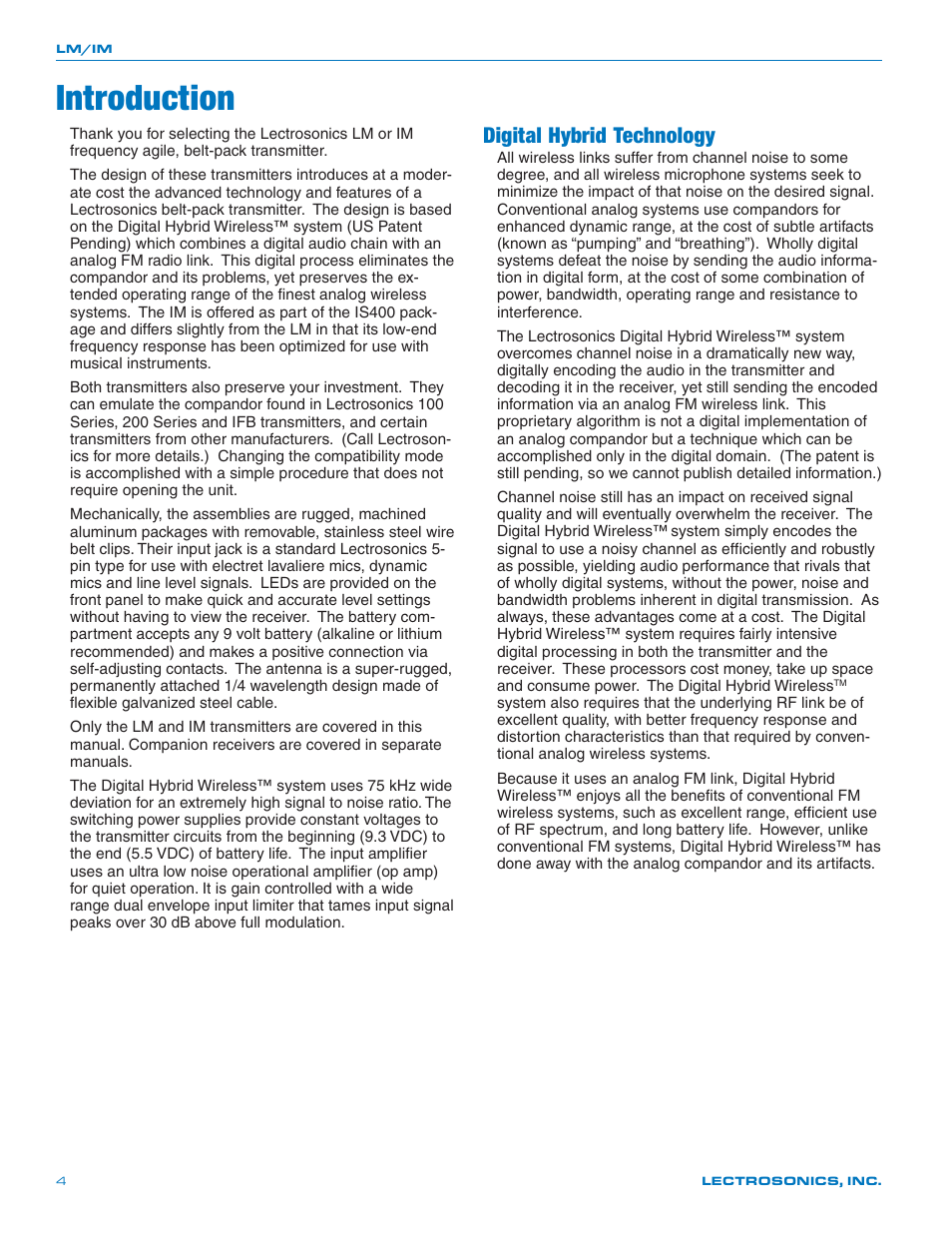 Introduction, Digital hybrid technology | Lectrosonics LM User Manual | Page 4 / 16