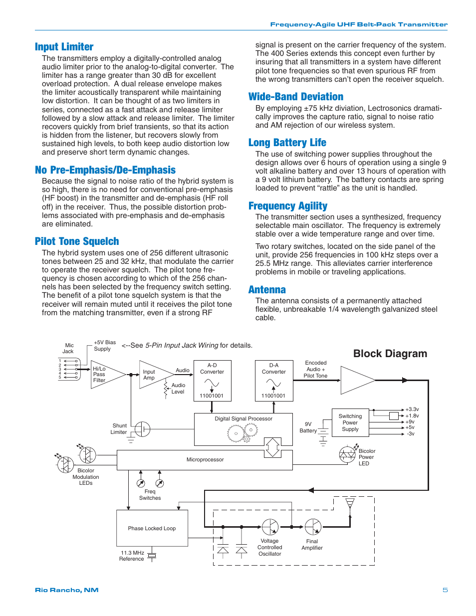 Input limiter, No pre-emphasis/de-emphasis, Pilot tone squelch | Wide-band deviation, Long battery life, Frequency agility, Antenna, Block diagram | Lectrosonics LM User Manual | Page 5 / 16