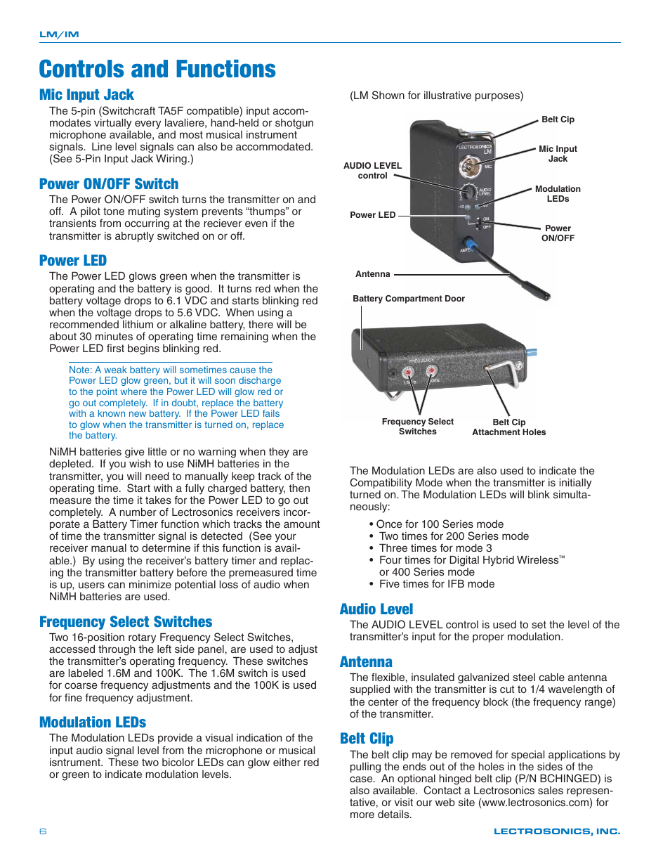 Controls and functions, Mic input jack, Power on/off switch | Power led, Frequency select switches, Modulation leds, Audio level, Antenna, Belt clip | Lectrosonics LM User Manual | Page 6 / 16