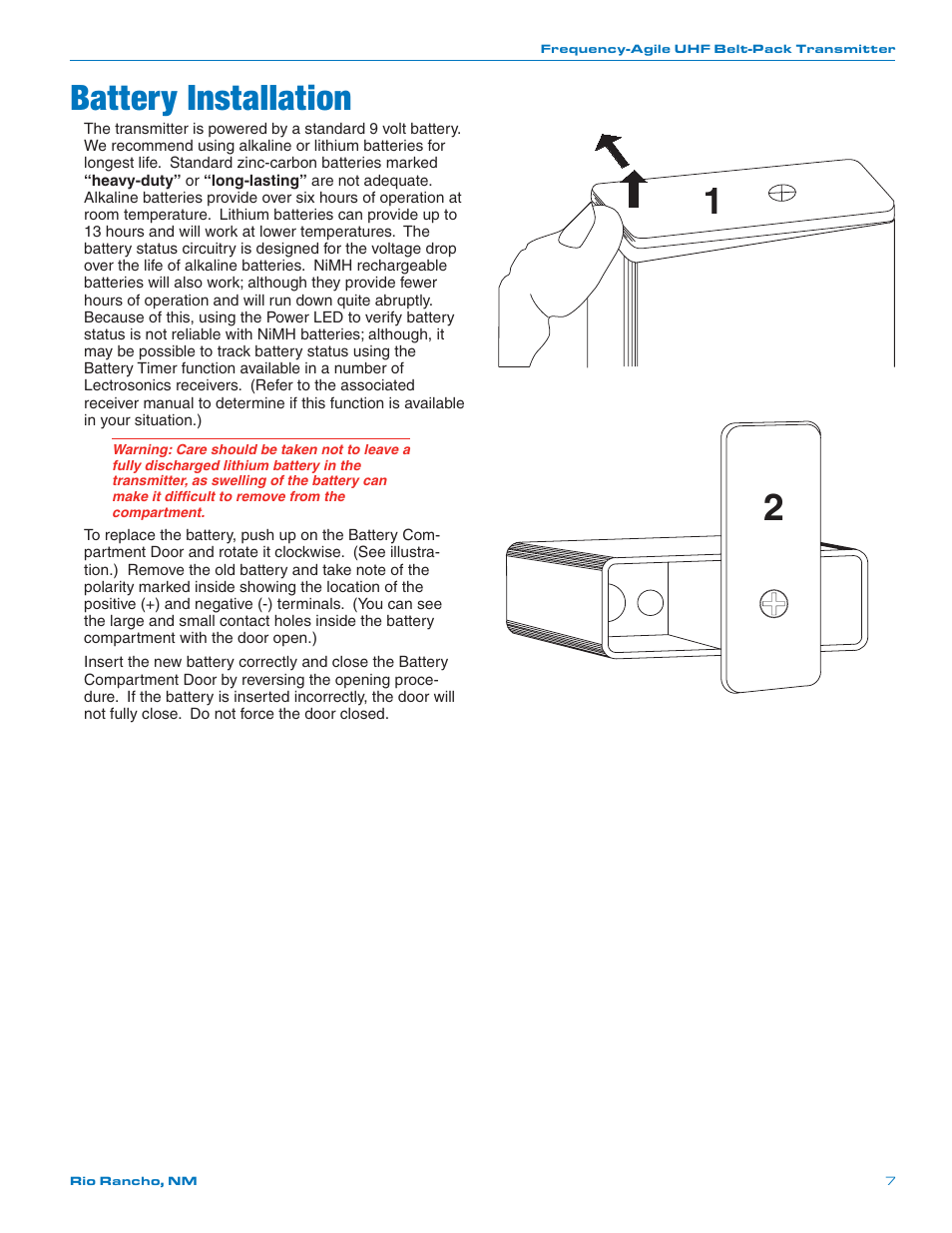 Battery installation | Lectrosonics LM User Manual | Page 7 / 16