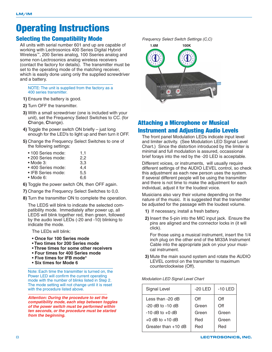 Operating instructions, Selecting the compatibility mode | Lectrosonics LM User Manual | Page 8 / 16