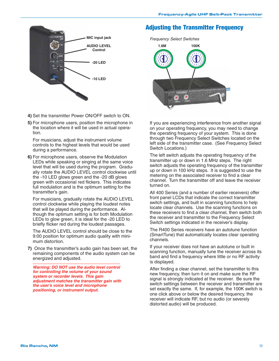 Adjusting the transmitter frequency, Frequency select switches | Lectrosonics LM User Manual | Page 9 / 16