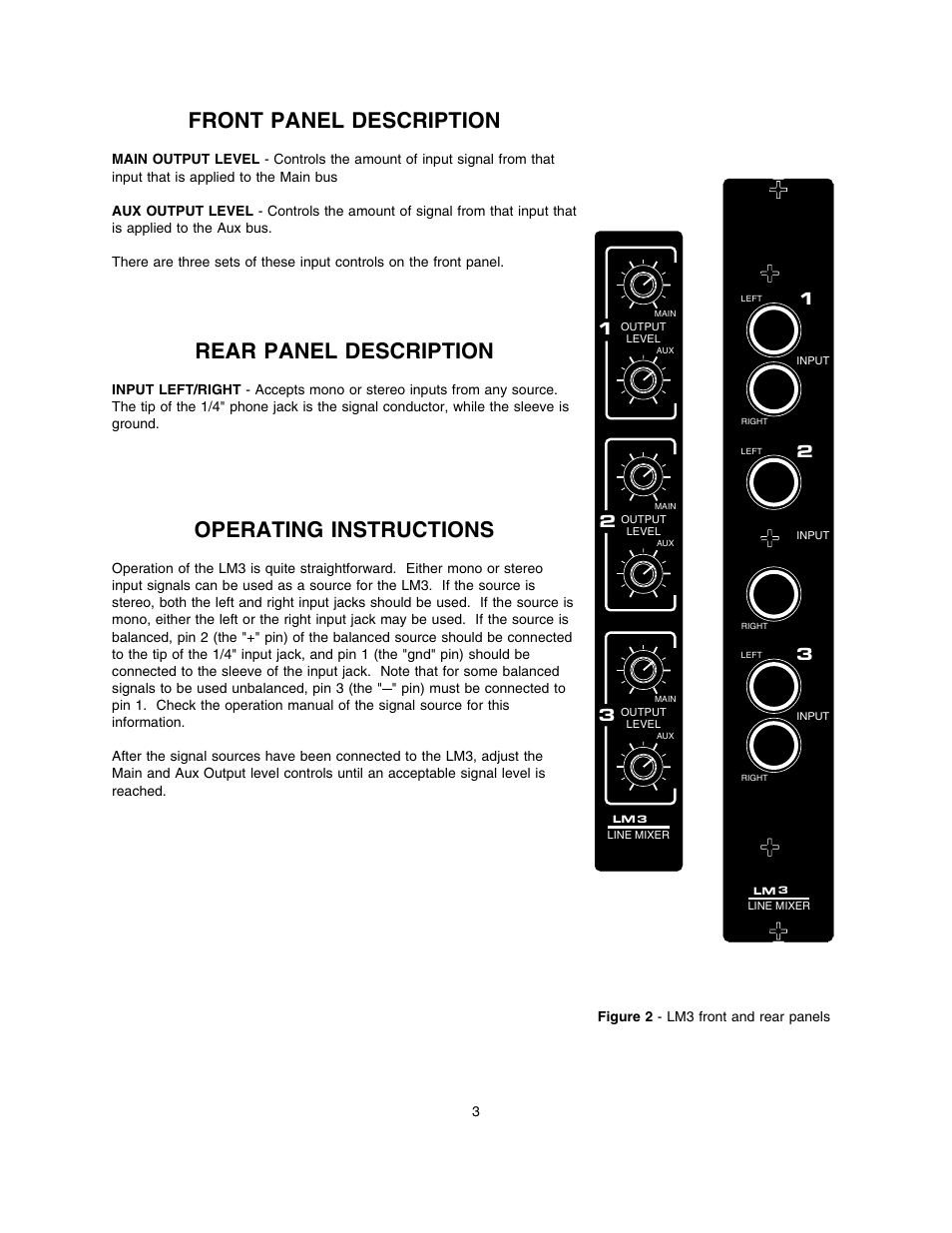 Front panel description, Rear panel description, Operating instructions | Lectrosonics LM3 User Manual | Page 4 / 6