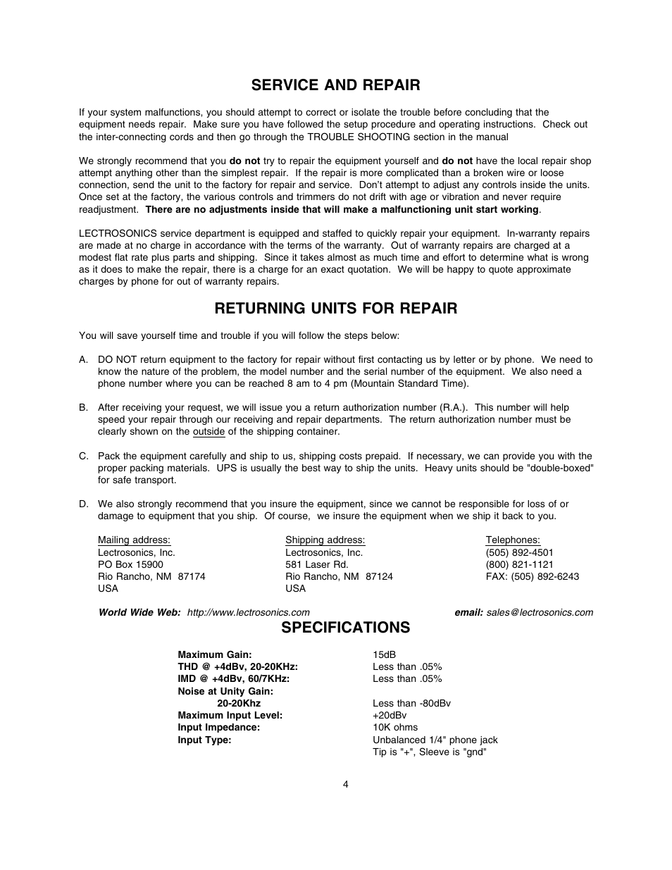 Service and repair, Returning units for repair, Specifications | Lectrosonics LM3 User Manual | Page 5 / 6
