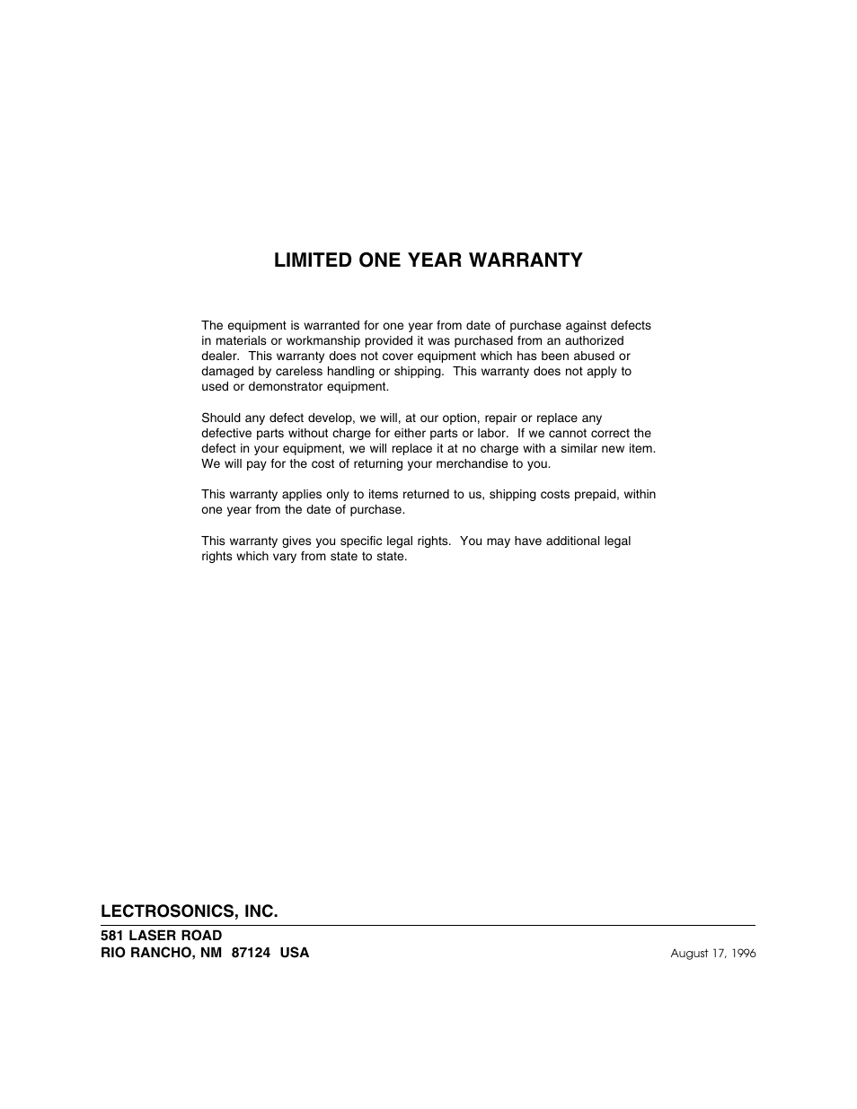 Limited one year warranty | Lectrosonics LM3 User Manual | Page 6 / 6