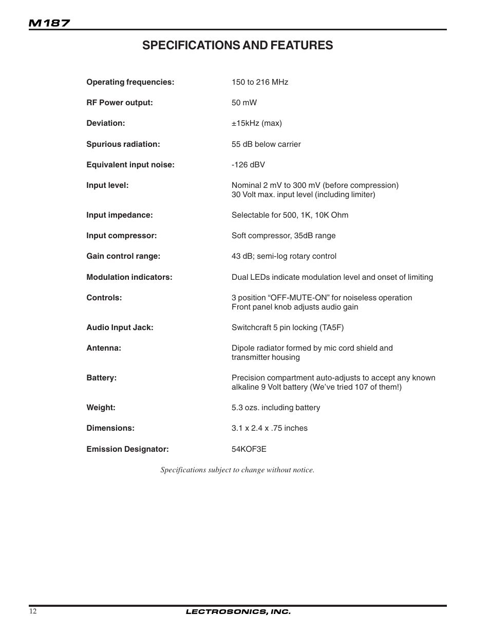 Specifications and features | Lectrosonics M187 User Manual | Page 12 / 14