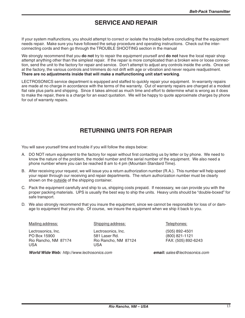 Service and repair, Returning units for repair | Lectrosonics M187 User Manual | Page 13 / 14