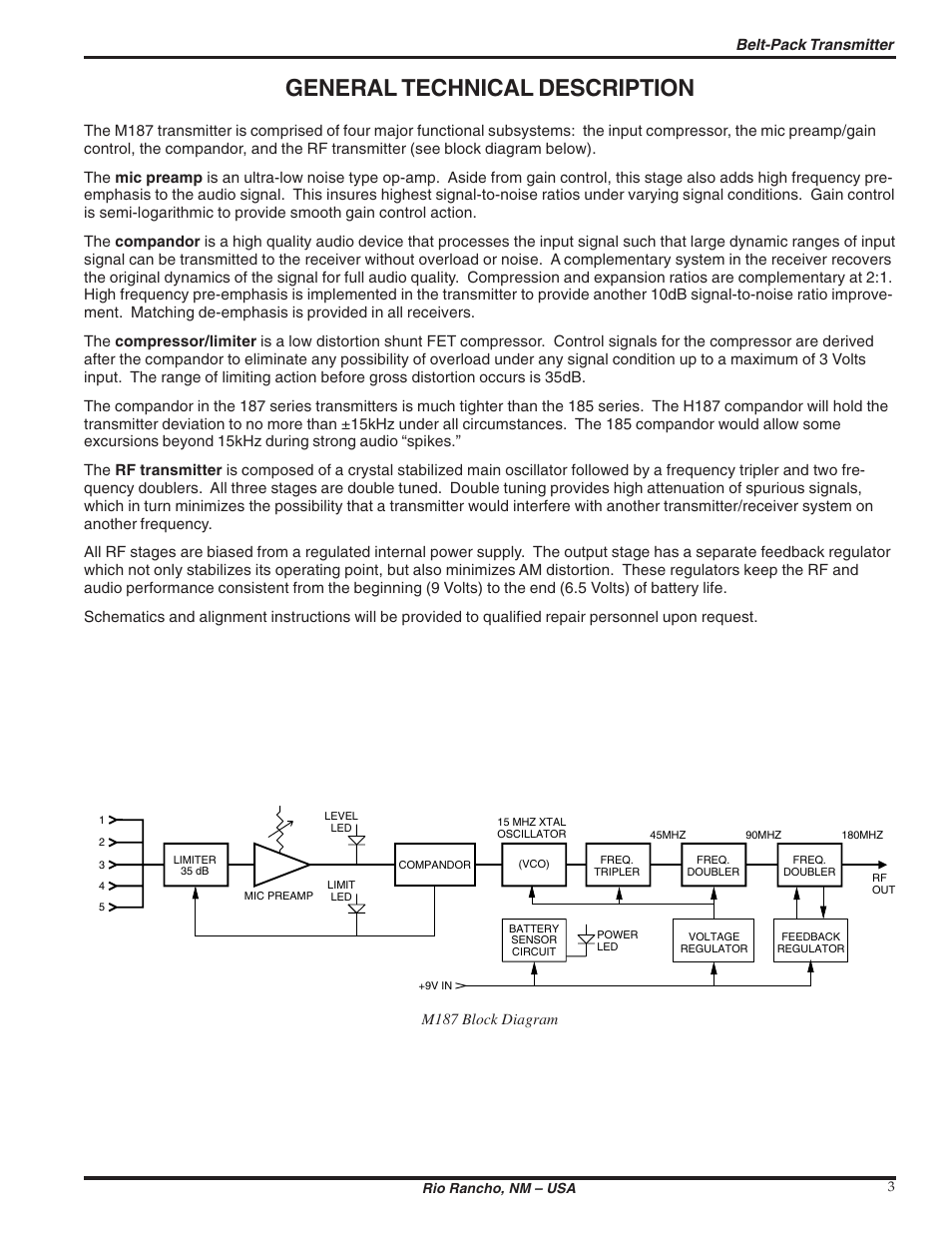 General technical description, Belt-pack transmitter, M187 block diagram | Lectrosonics M187 User Manual | Page 3 / 14