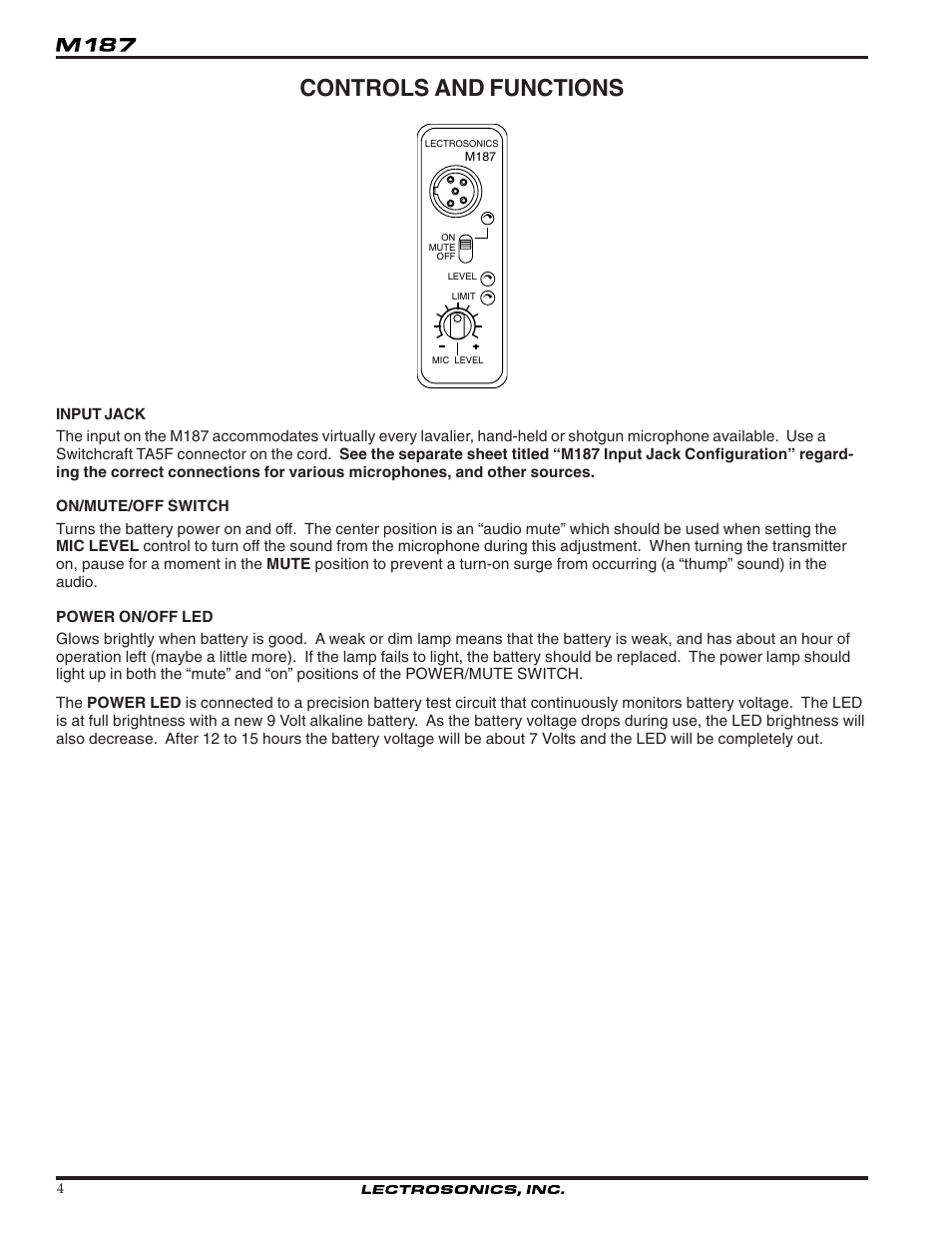 Controls and functions | Lectrosonics M187 User Manual | Page 4 / 14