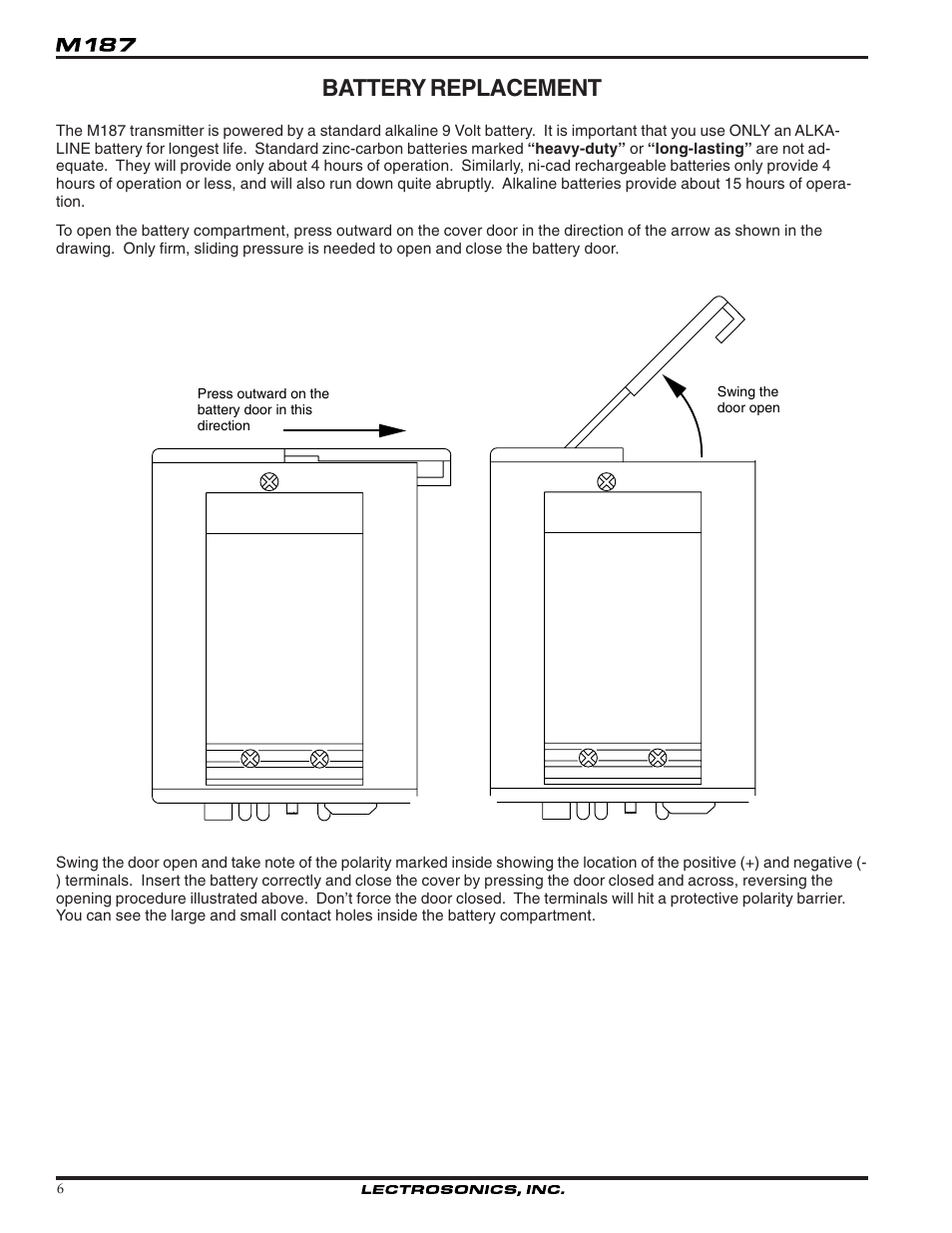 Battery replacement | Lectrosonics M187 User Manual | Page 6 / 14