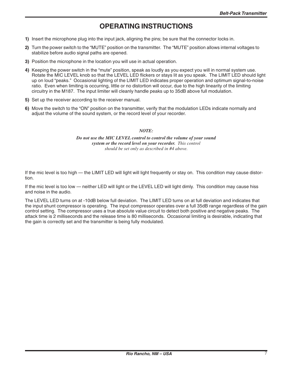 Operating instructions | Lectrosonics M187 User Manual | Page 7 / 14