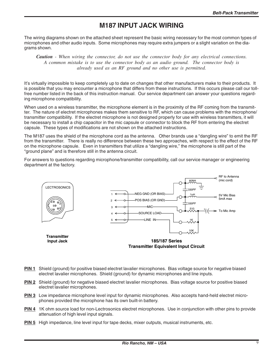 M187 input jack wiring | Lectrosonics M187 User Manual | Page 9 / 14