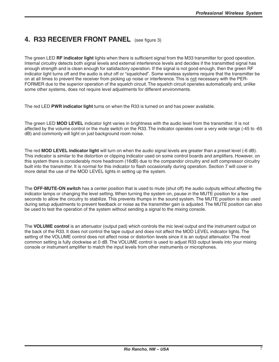 R33 receiver front panel | Lectrosonics R33 User Manual | Page 7 / 20