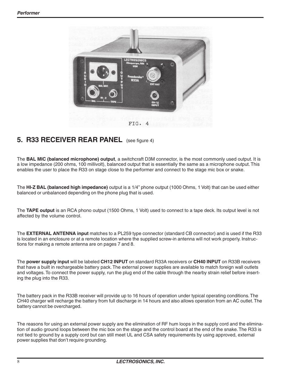 R33 receiver rear panel | Lectrosonics R33 User Manual | Page 8 / 20