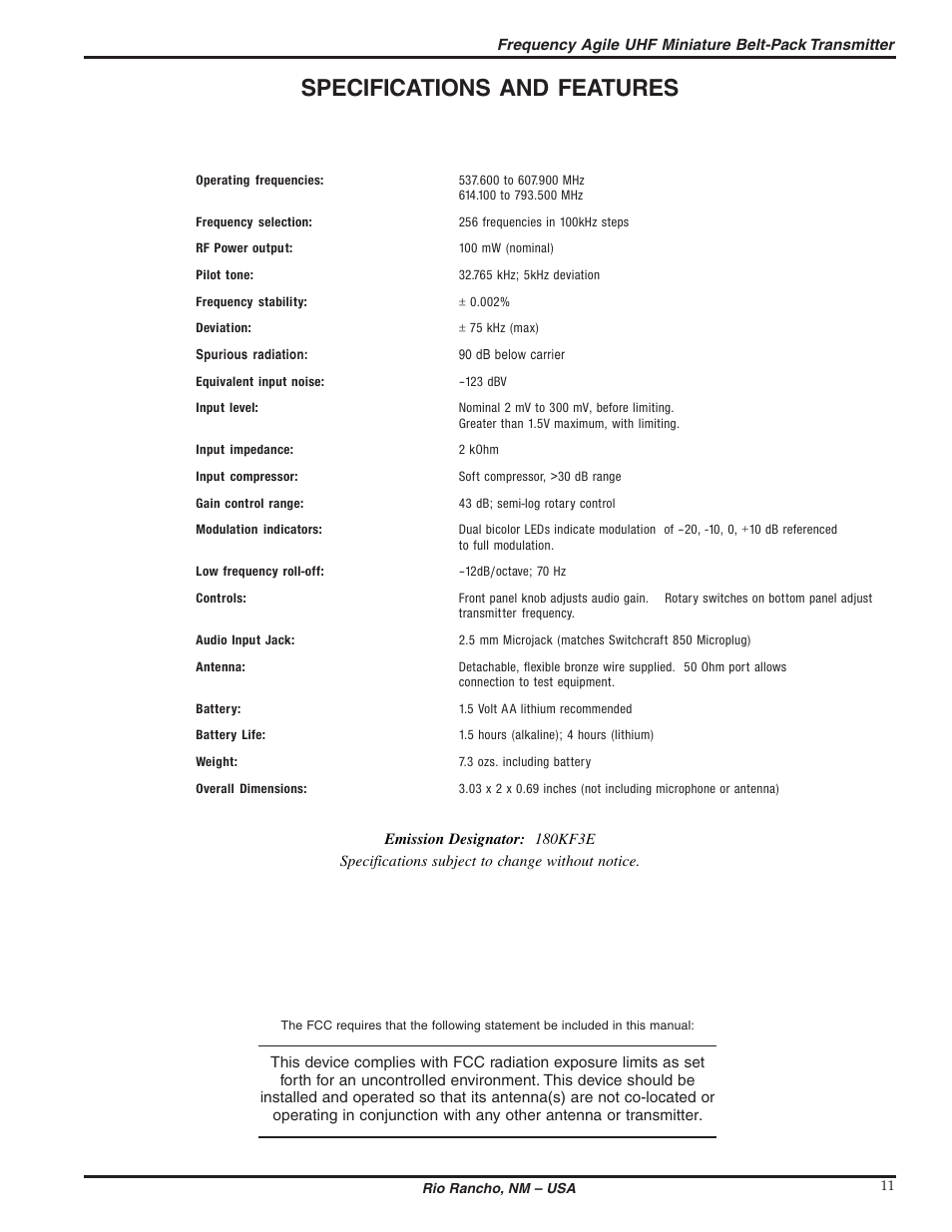 Specifications and features | Lectrosonics MM200 - Manual User Manual | Page 11 / 14