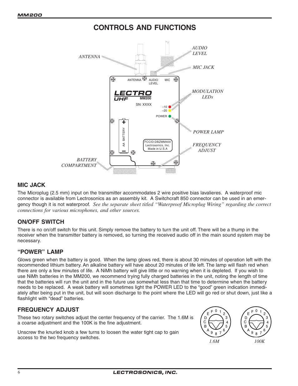 Controls and functions, Lectro, Mic jack | On/off switch, Power” lamp, Frequency adjust | Lectrosonics MM200 - Manual User Manual | Page 6 / 14