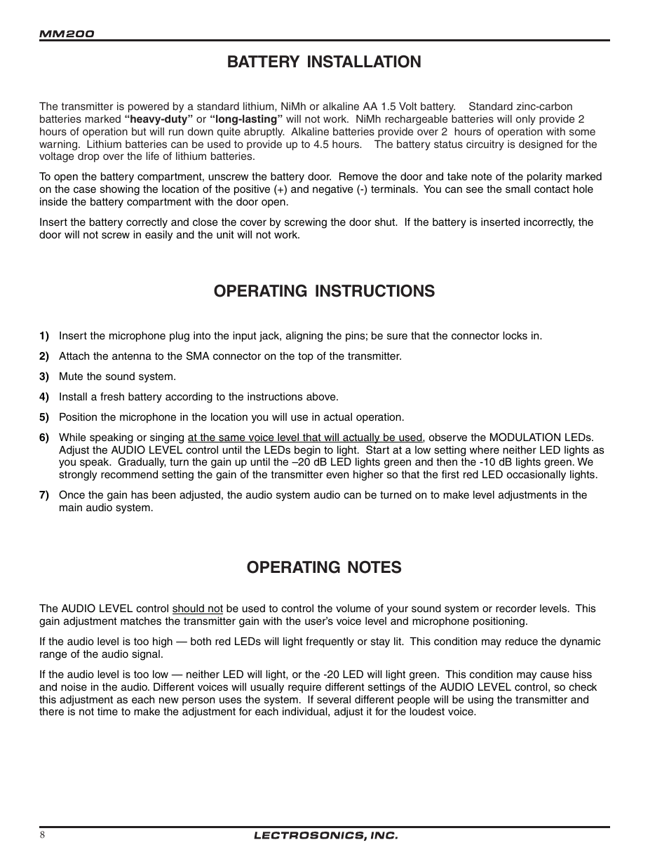 Battery installation, Operating instructions | Lectrosonics MM200 - Manual User Manual | Page 8 / 14