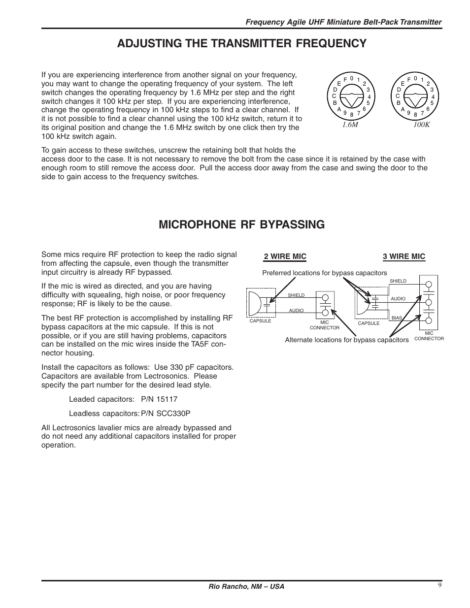 Adjusting the transmitter frequency, Microphone rf bypassing | Lectrosonics MM200 - Manual User Manual | Page 9 / 14