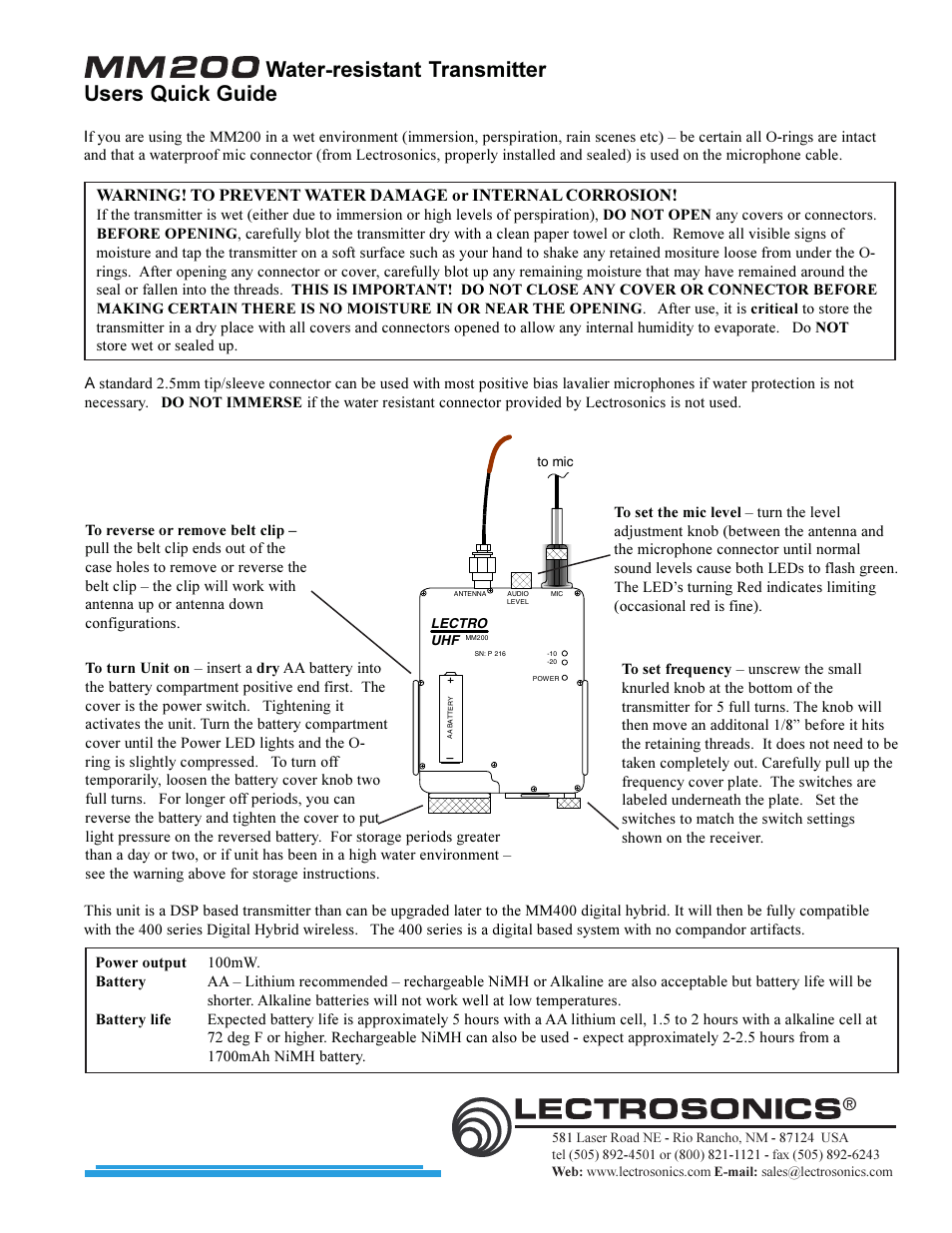 Lectrosonics MM200 - QSG User Manual | 1 page