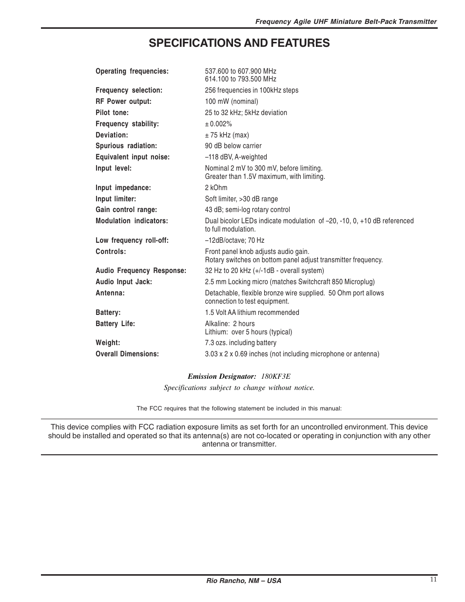 Specifications and features | Lectrosonics MM400 - Manual User Manual | Page 11 / 14