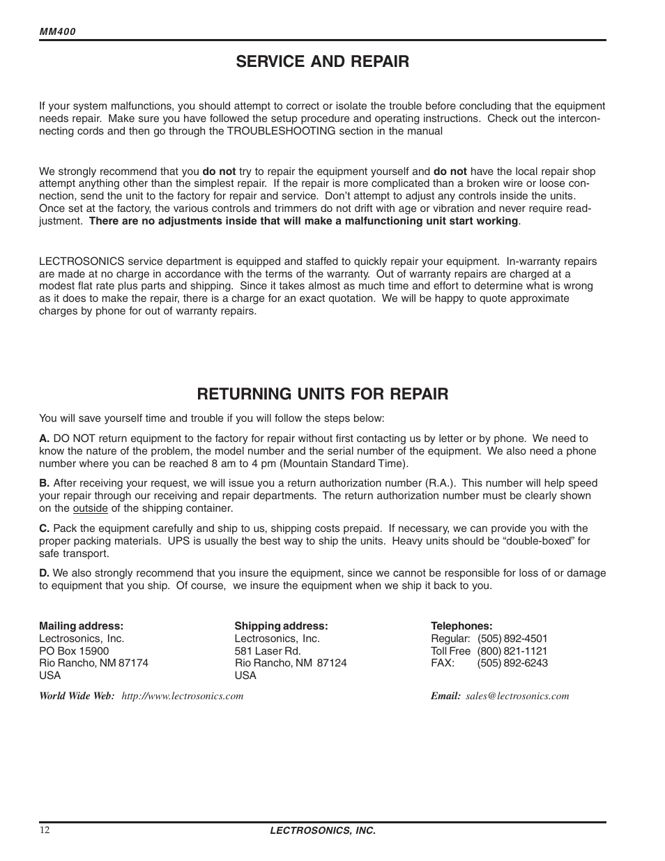 Service and repair, Returning units for repair | Lectrosonics MM400 - Manual User Manual | Page 12 / 14