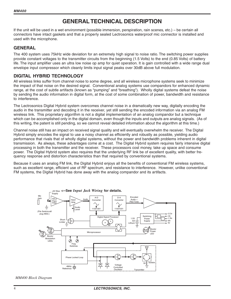 General technical description, General, Digital hybrid technology | Input jack wiring, Mm400 block diagram, Mm400, For details, Lectrosonics, inc. 4 | Lectrosonics MM400 - Manual User Manual | Page 4 / 14