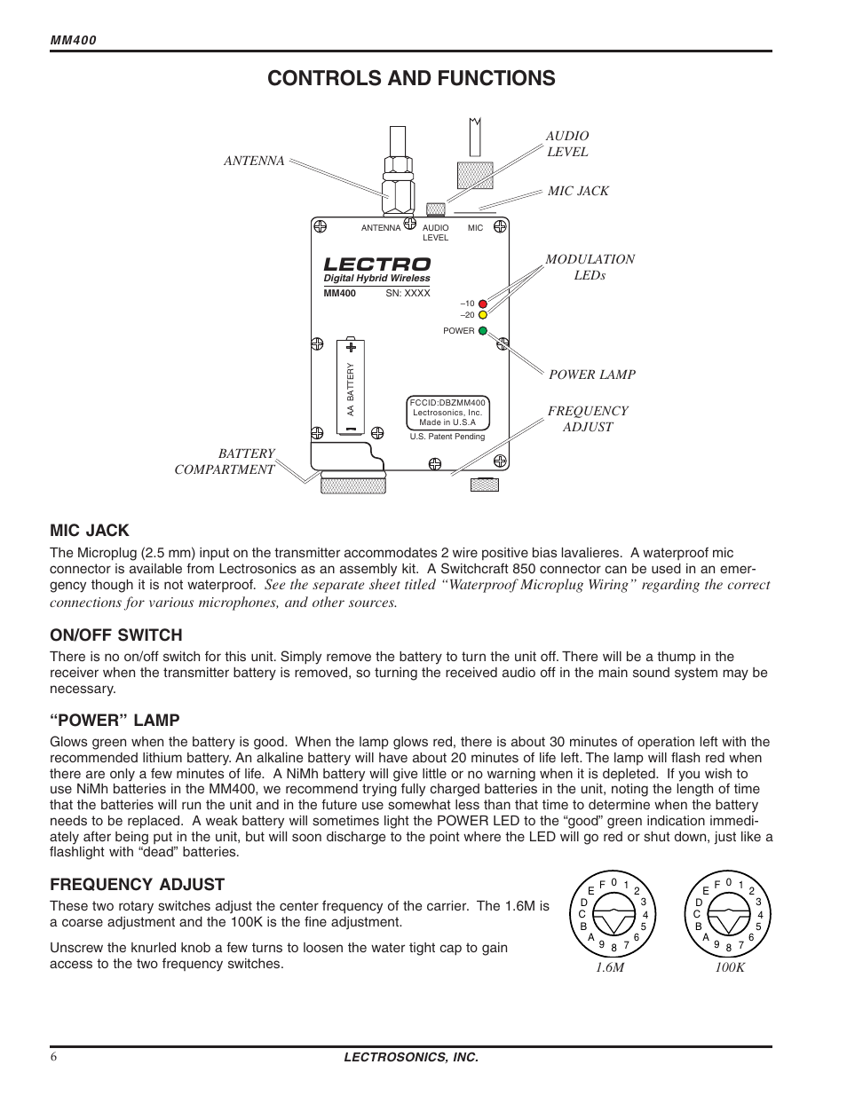 Controls and functions, Lectro, Mic jack | On/off switch, Power” lamp, Frequency adjust | Lectrosonics MM400 - Manual User Manual | Page 6 / 14