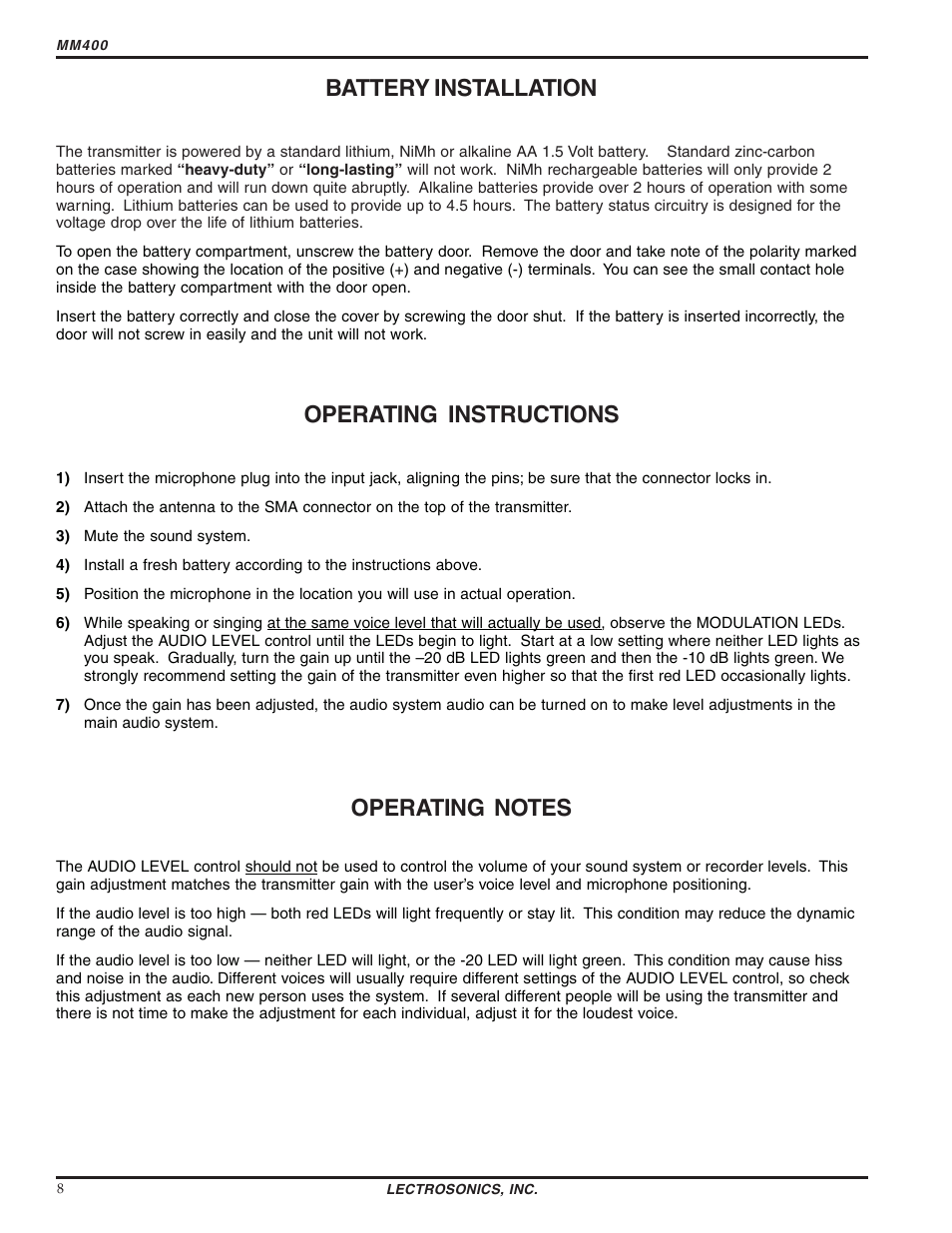 Battery installation, Operating instructions | Lectrosonics MM400 - Manual User Manual | Page 8 / 14