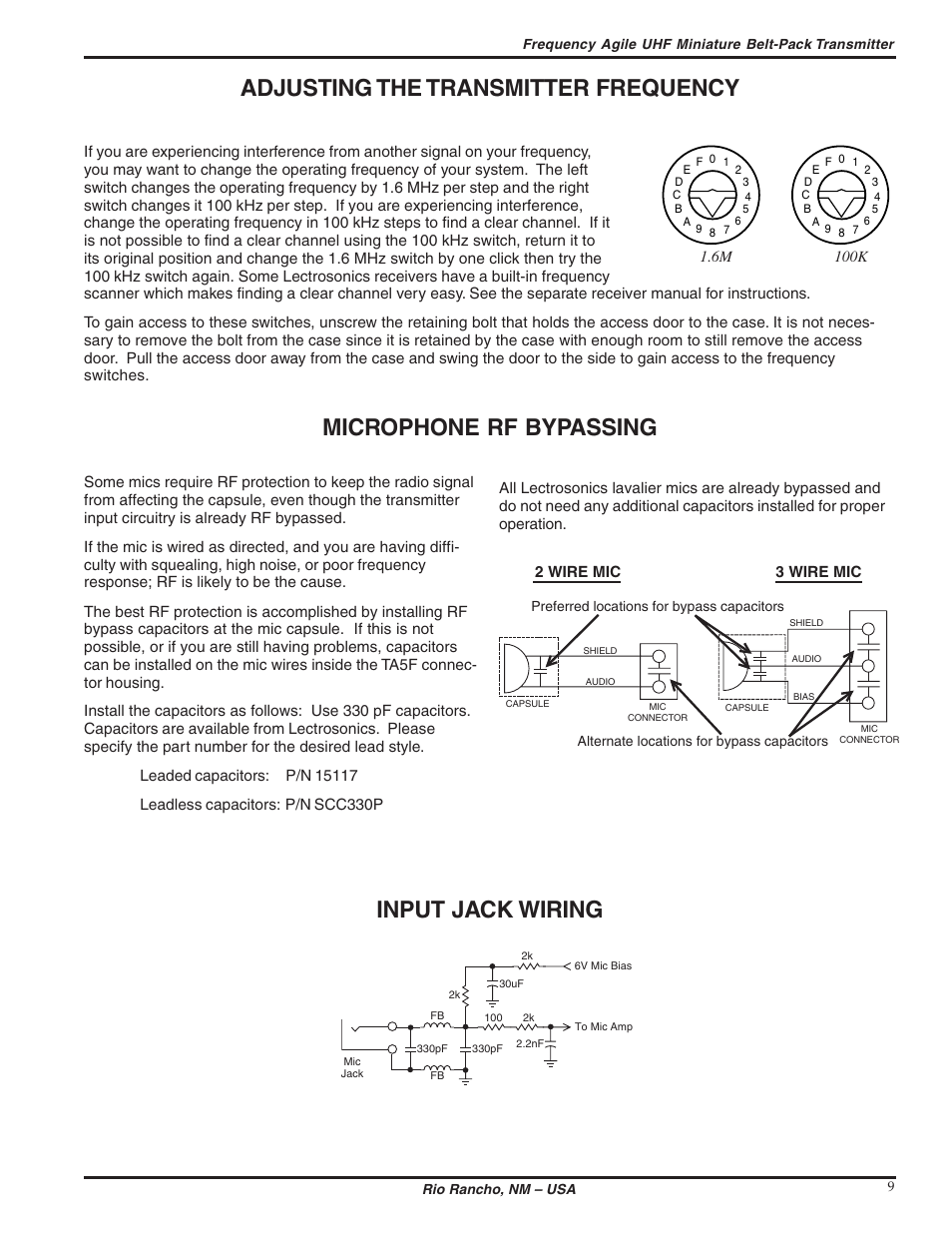 Adjusting the transmitter frequency, Microphone rf bypassing, Input jack wiring | Lectrosonics MM400 - Manual User Manual | Page 9 / 14