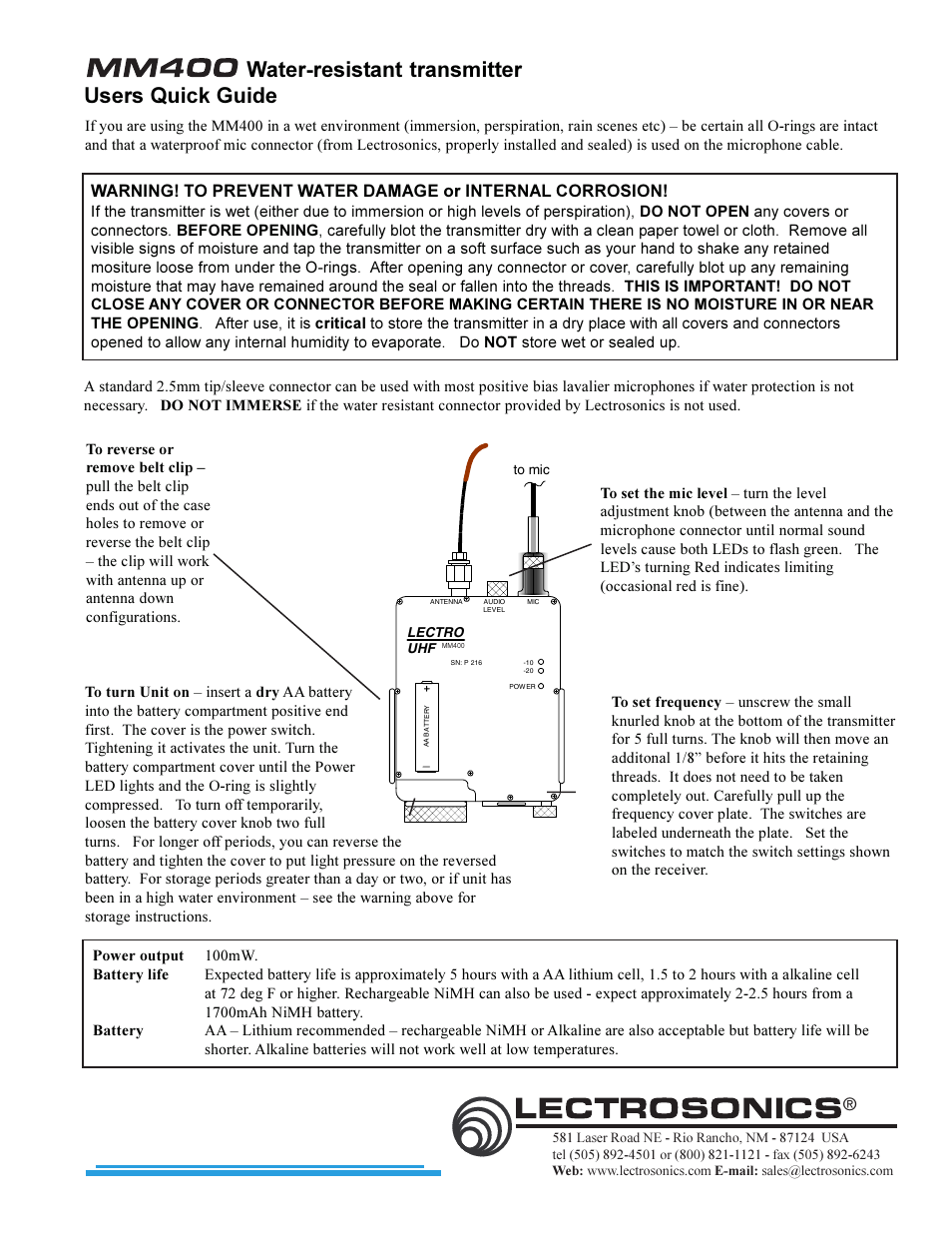 Lectrosonics MM400a - QSG User Manual | 1 page