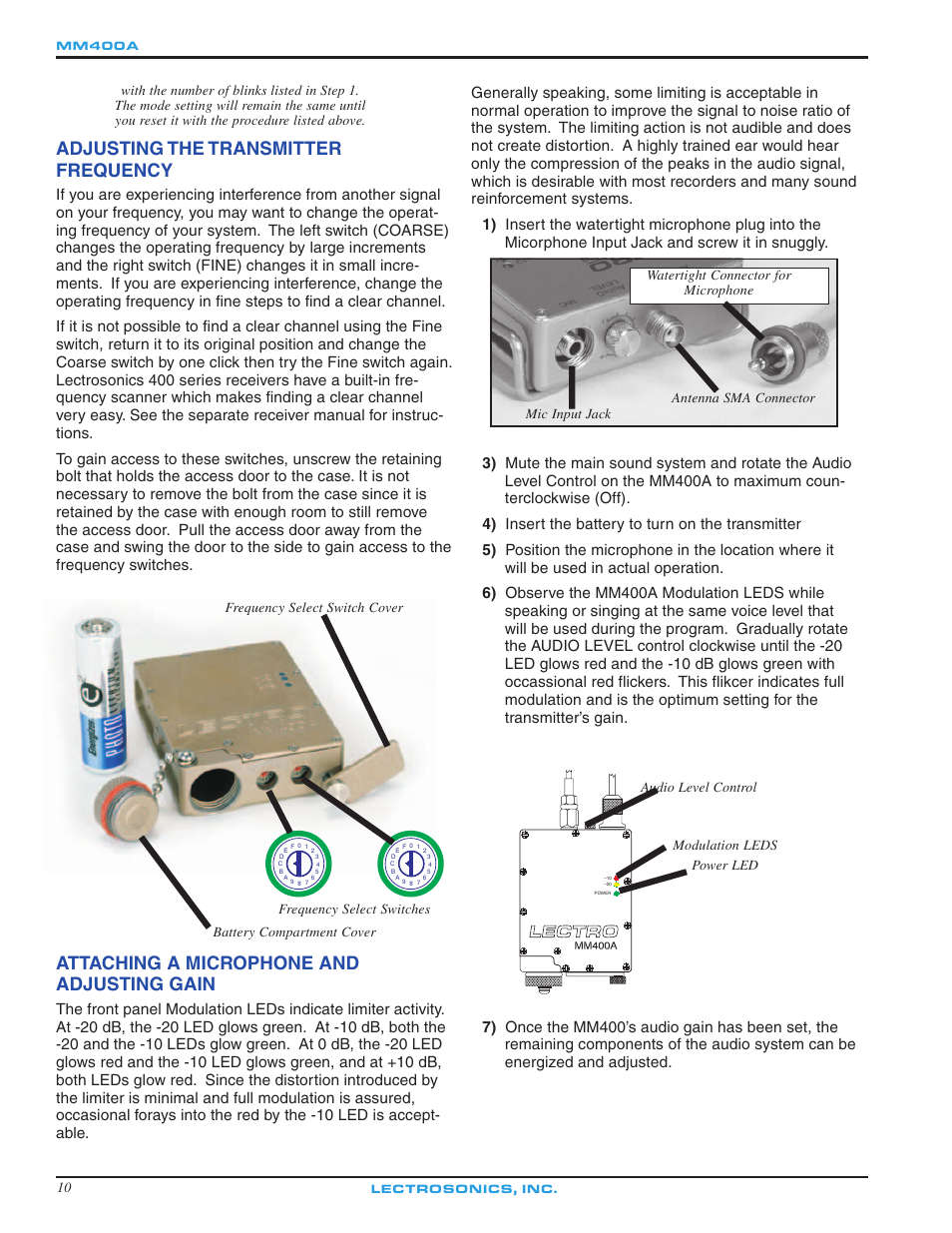 Adjusting the transmitter frequency, Attaching a microphone and adjusting gain, Audio level control modulation leds power led | Lectrosonics MM400a - Manual User Manual | Page 10 / 16