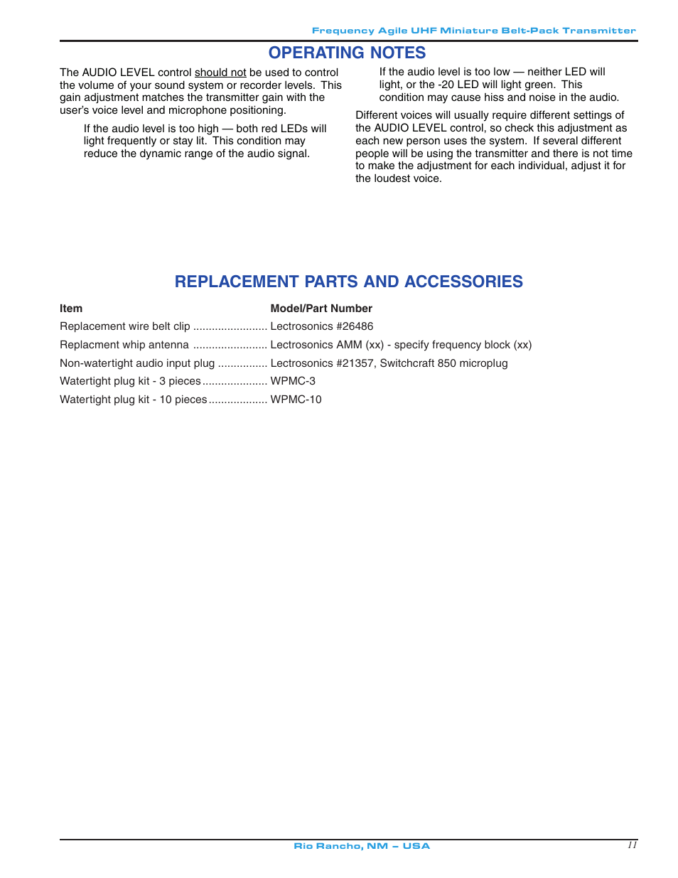 Replacement parts and accessories | Lectrosonics MM400a - Manual User Manual | Page 11 / 16