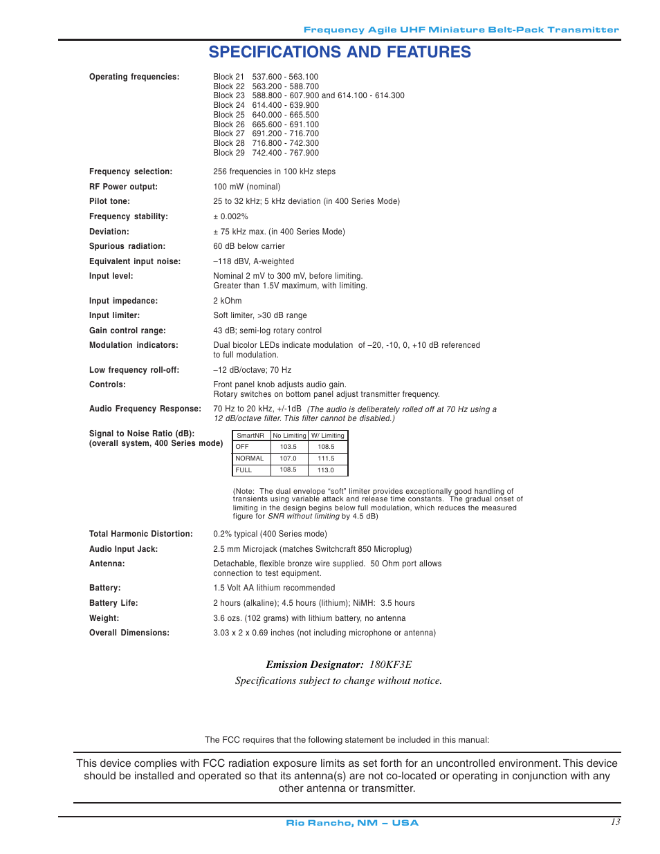 Specifications and features | Lectrosonics MM400a - Manual User Manual | Page 13 / 16