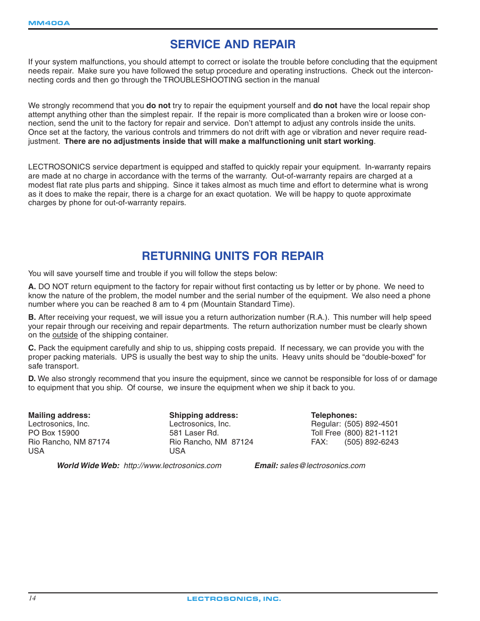 Service and repair, Returning units for repair | Lectrosonics MM400a - Manual User Manual | Page 14 / 16