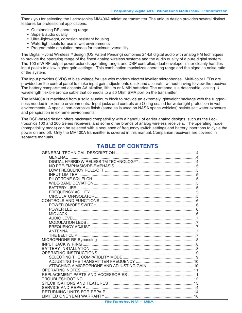 Lectrosonics MM400a - Manual User Manual | Page 3 / 16