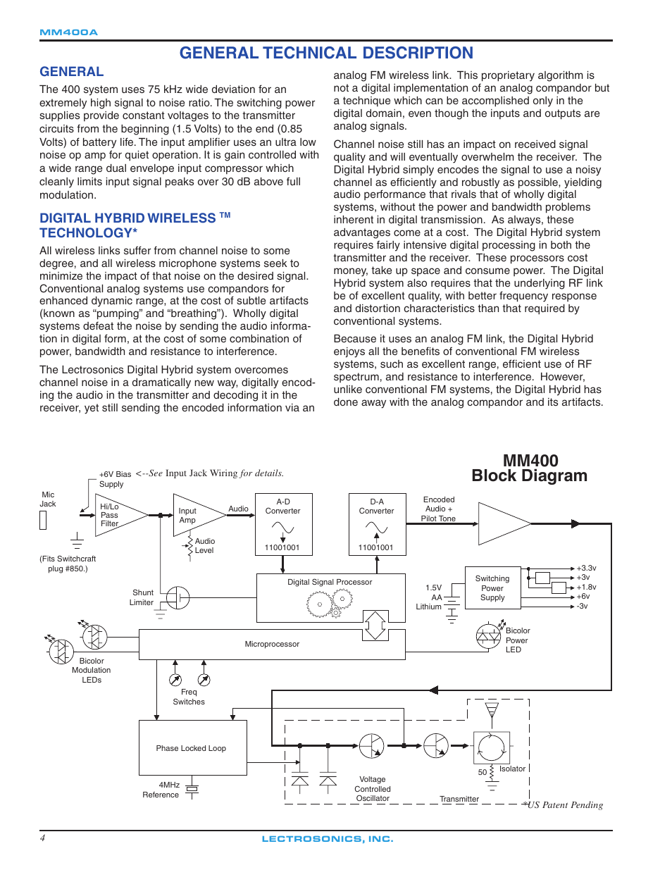 General technical description, Mm400, Block diagram | General, Digital hybrid wireless, Technology | Lectrosonics MM400a - Manual User Manual | Page 4 / 16