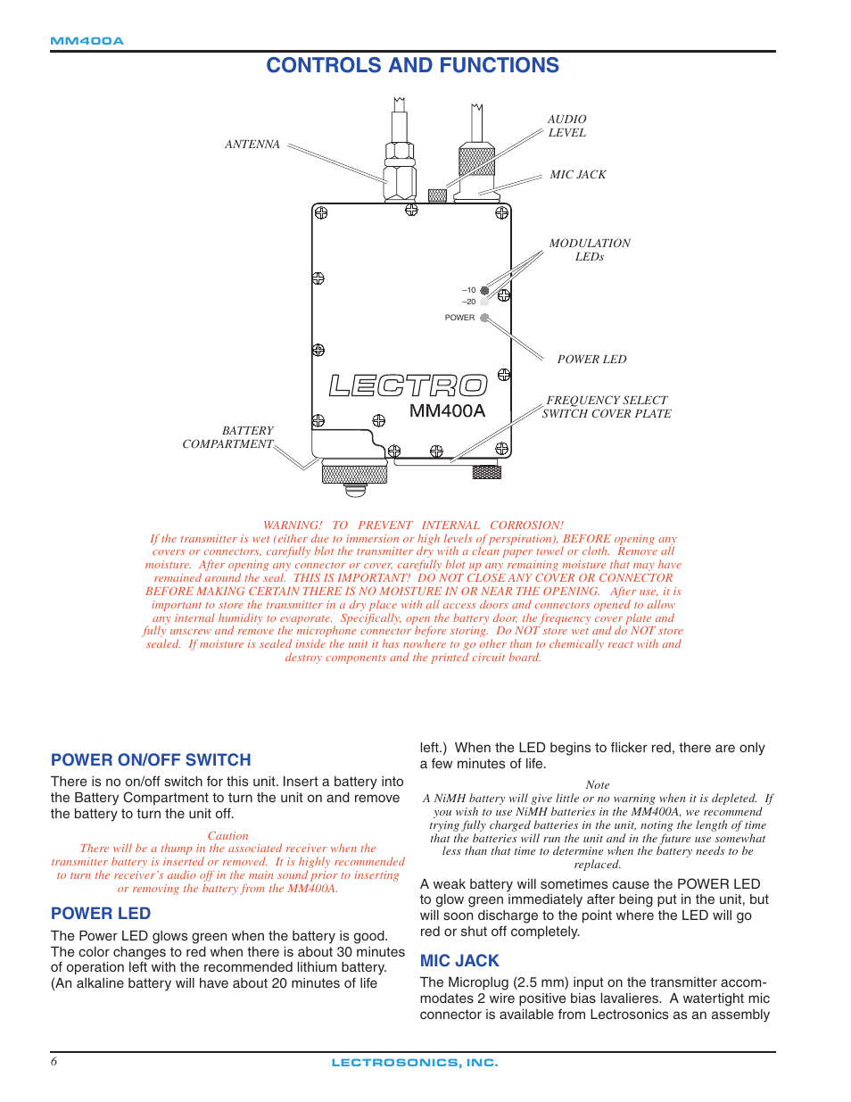 Controls and functions, Power on/off switch, Power led | Mic jack | Lectrosonics MM400a - Manual User Manual | Page 6 / 16