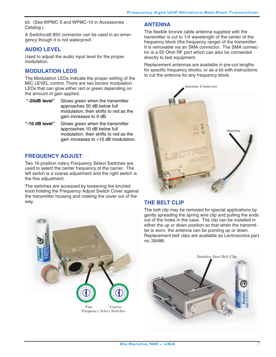 Audio level, Modulation leds, Frequency adjust | Antenna, The belt clip, Fine coarse frequency select switches, Antenna connector antenna, Stainless steel belt clip | Lectrosonics MM400a - Manual User Manual | Page 7 / 16